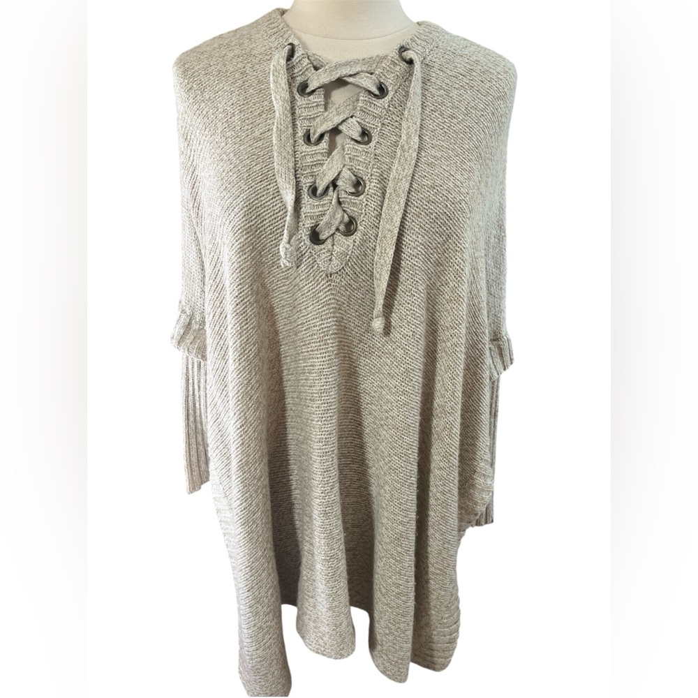 ALYA Cream/Light Brown Poncho Knit Sweater Long sleeves Lace Up Detail Size S/M